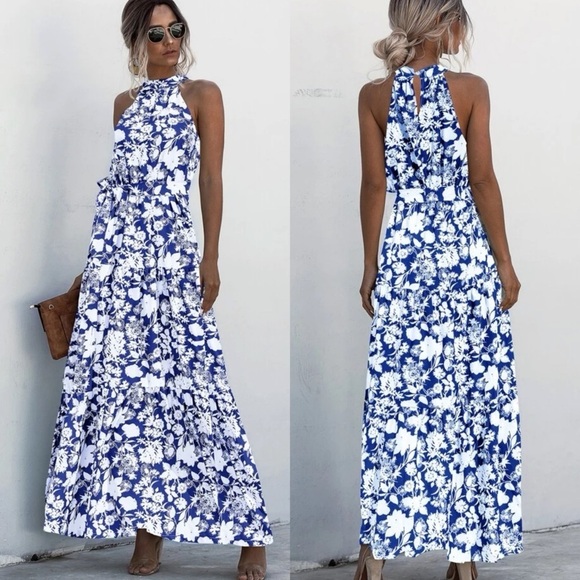 Belted boho ruffle halter maxi dress dot leopard print red - Picture 5 of 6